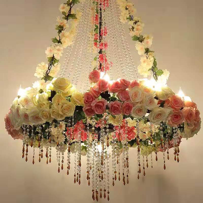 Simulation Rose Crystal Chain Tassel Pendant Light Theme Hollow Restaurant Wine Market Romantic