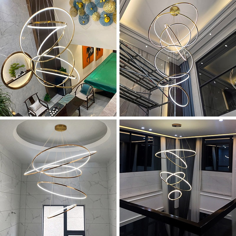 Art Deco Led Stainless Steel Golden Silver Ring Hanging Lamps Lustre Pendant Light Lighting
