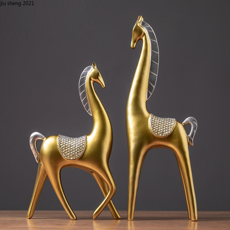 2 Piece - Luxury Golden Horse And Elk Figurines: Resin Animal Sculpture For Elegant Home Decor Items