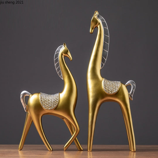 2 Piece - Luxury Golden Horse And Elk Figurines: Resin Animal Sculpture For Elegant Home Decor Items