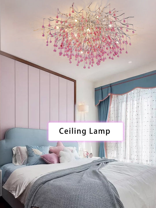 Creative Tree Branch Chandelier For Bedroom Girl Room Decoration Hanging Lamp Lovely Cute Pink Blue