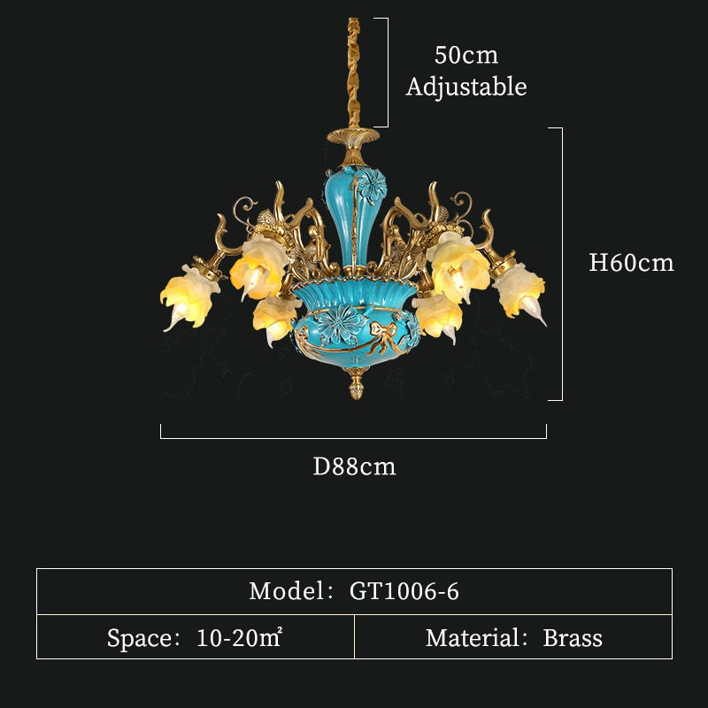 French Ceramic Chandelier European - Style Villa Restaurant Full Copper Lamp Retro Living Room