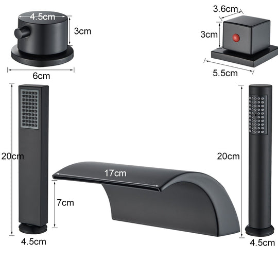 Black Brass Waterfall Bathtub Faucet Widespread Tub Sink Tap Three Handles Hot Cold Water Mixer