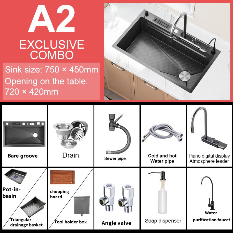 Digital Display Waterfall Sink Embossed Stainless Steel Kitchen Large Single Bowl Black Washbasin