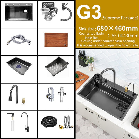 Black Nano Kitchen Sink 304 Stainless Steel Waterfall Basin Large Single Bowl With Multifunction