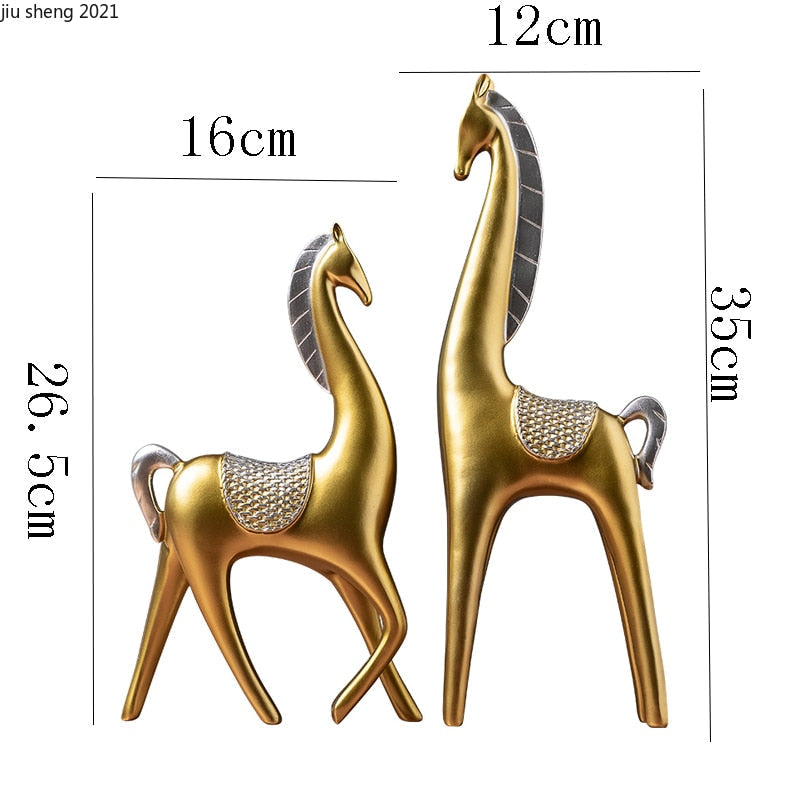 2 Piece - Luxury Golden Horse And Elk Figurines: Resin Animal Sculpture For Elegant Home Decor Items