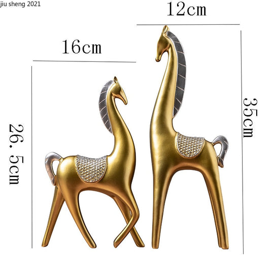 2 Piece - Luxury Golden Horse And Elk Figurines: Resin Animal Sculpture For Elegant Home Decor Items