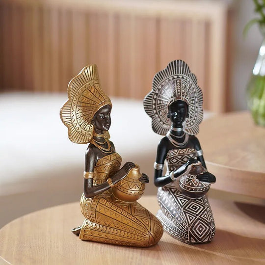 Resin Painted Black Statue Decor Figurines Retro African Women Holding Pottery Pots Home Bedroom