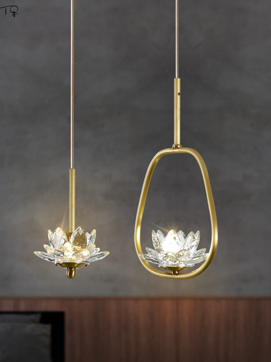 Chinese Zen Art Crystal Lotus Pendant Lights Modern Luxury Led Hanging Lamp Home Decor Loft Salon