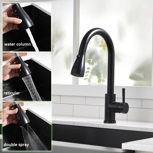 Pull Out Kitchen Sink Faucet With 3 Modes Water Outlet Spout 360 Degree Rotation Matte Black Bar