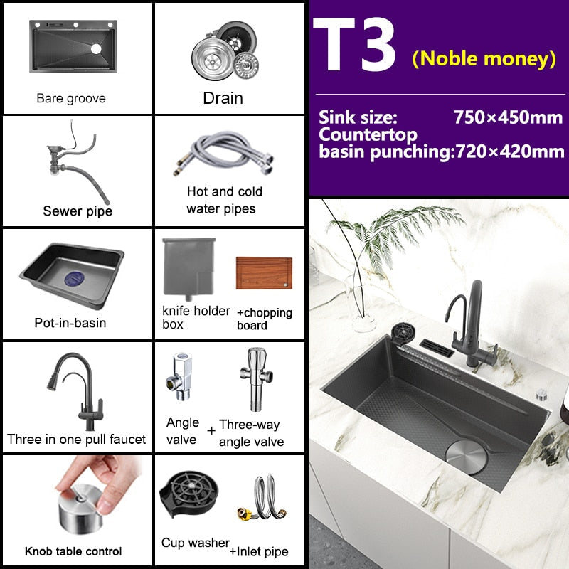 Stainless Steel Embossed Kitchen Sink Large Single Slot Washbasin Multifunctional Washing Basin