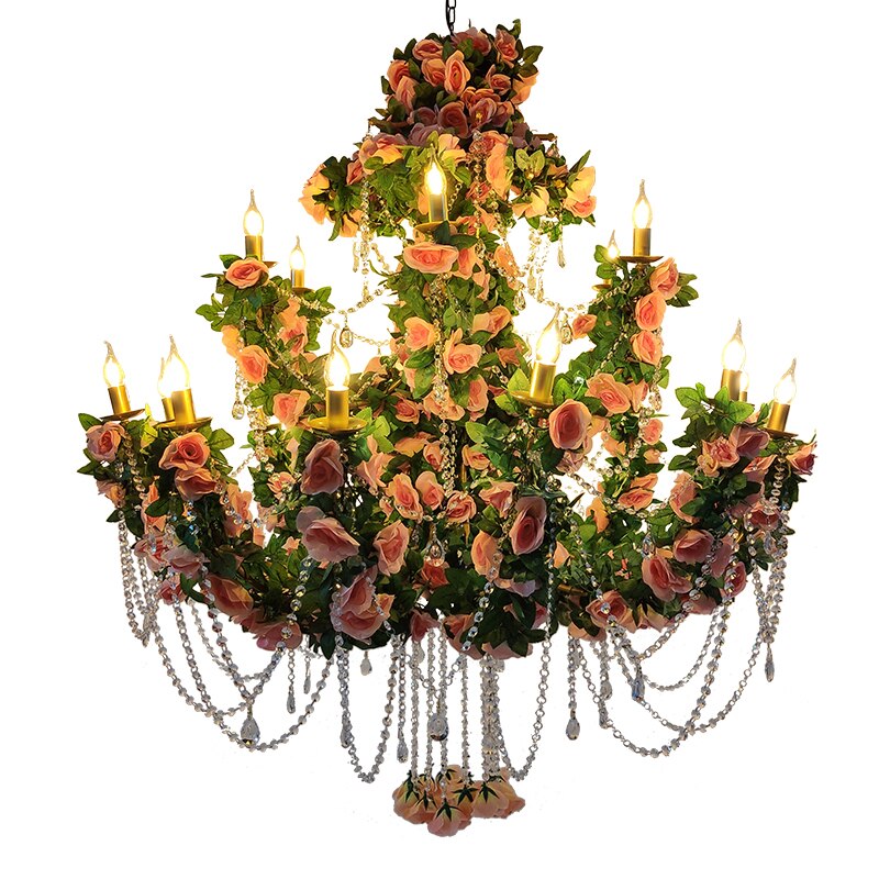 Pink Flower Theme Restaurant Hotel Wedding Banquet Hall Pendant Light Simulation Green Plant