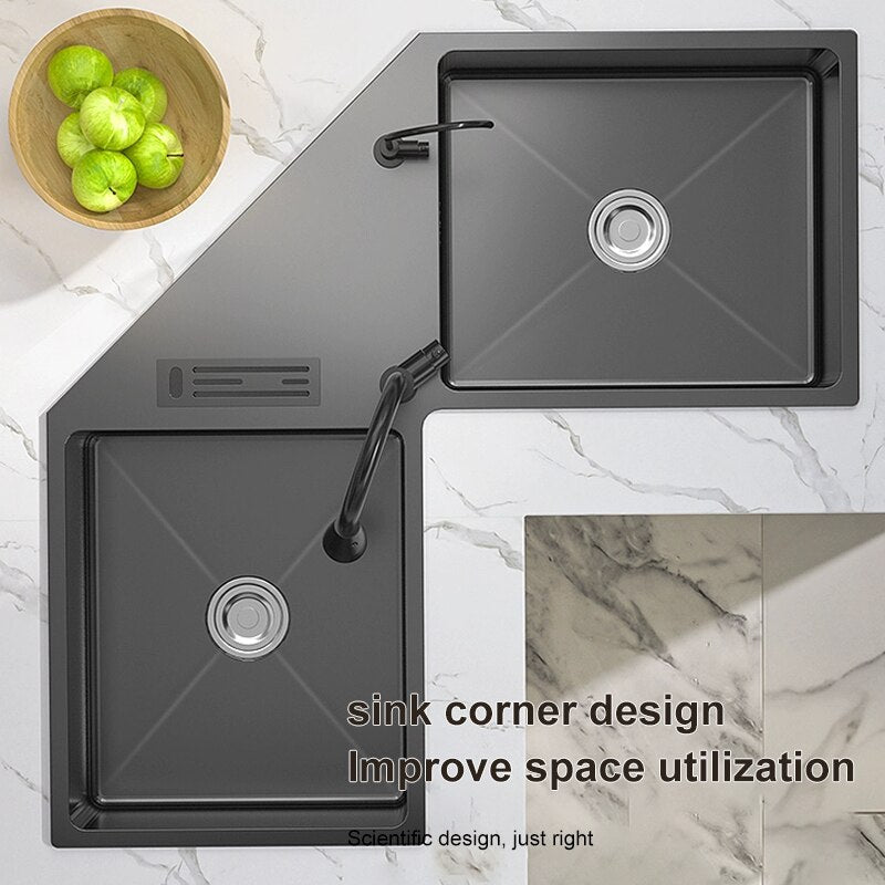 Shape Stainless Steel Kitchen Sink Household Corner Black L - Shaped Washibasin Hand Washing Bowl