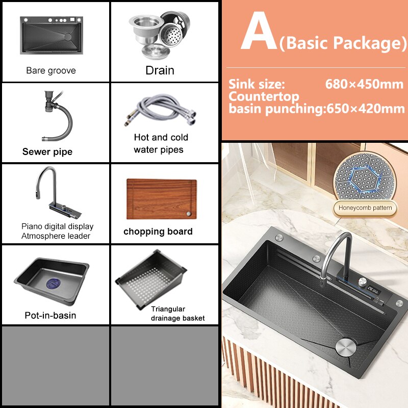 Stainless Steel Waterfall Kitchen Sink Digital Display Embossed Large Single - Slot Multifunctional