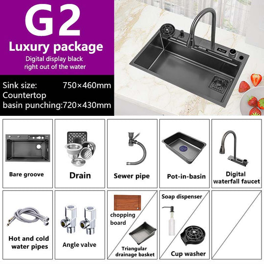 Waterfall Sink Kitchen 304 Stainless Steel Large Single Slot With Multifunction Touch Faucet Above