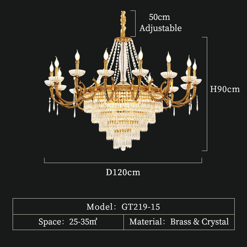 European Elegant Round Clear Crystal Lamp Luxury Foyer Vintage Brass Chandelier Pendant Lighting