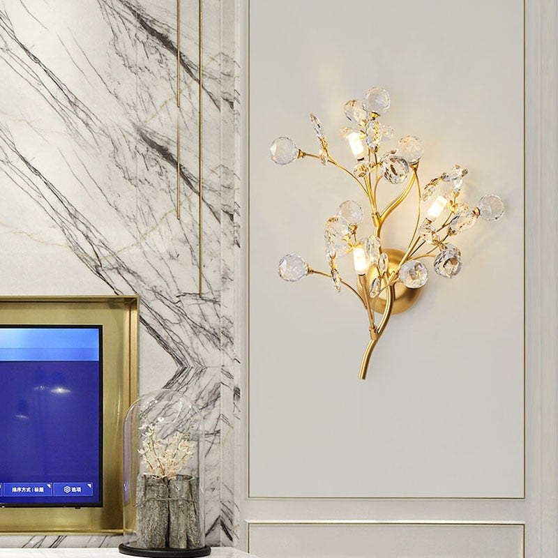 Romantic Flowers Branches G4 Bulb Wall Lights Clear Crystal Living Room Bedroom Decoration Sconce