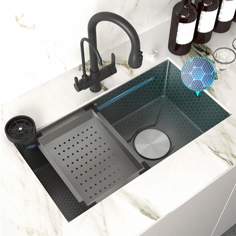 Stainless Steel Embossed Kitchen Sink Large Single Slot Washbasin Multifunctional Washing Basin