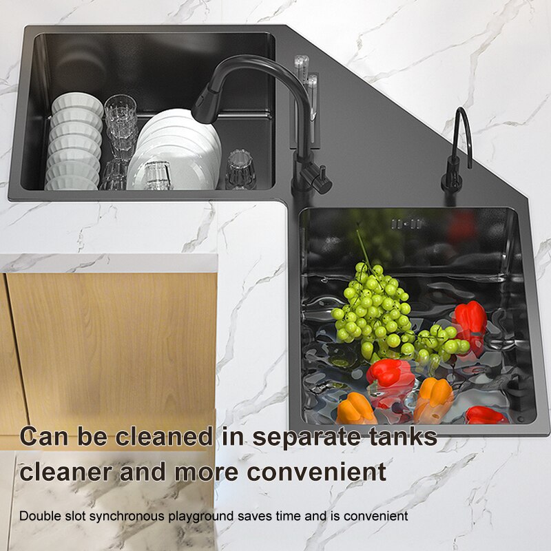 Shape Stainless Steel Kitchen Sink Household Corner Black L - Shaped Washibasin Hand Washing Bowl
