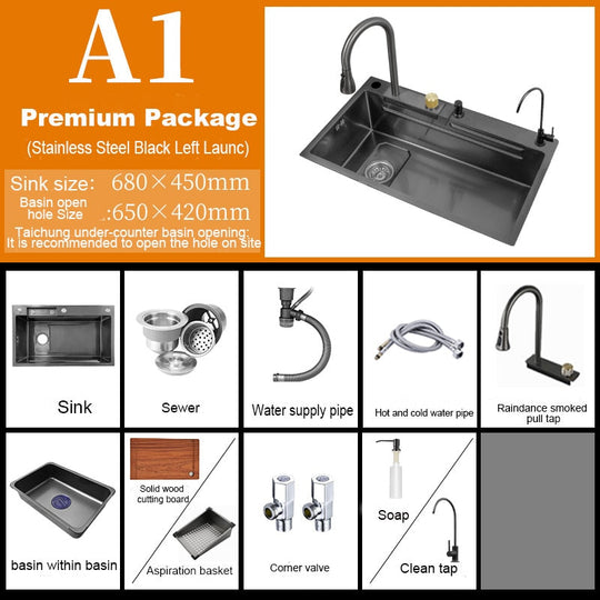 304 Stainless Steel Kitchen Waterfall Sink Digital Display Large Single Dish Basin With
