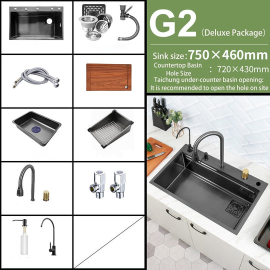 Black Nano Kitchen Sink 304 Stainless Steel Waterfall Basin Large Single Bowl With Multifunction