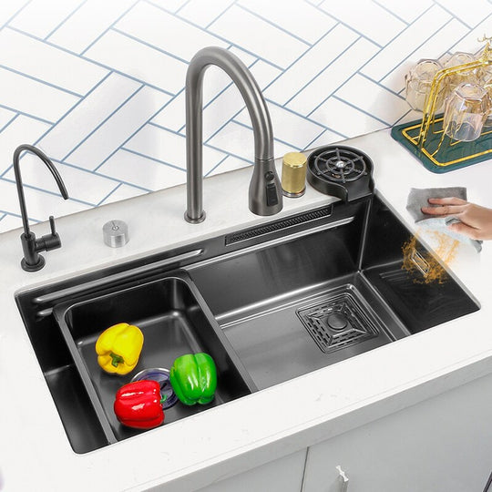 Black Nano Kitchen Sink 304 Stainless Steel Waterfall Basin Large Single Bowl With Multifunction