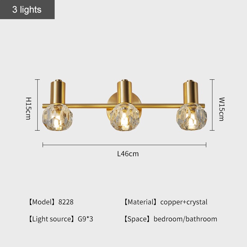 Modern Copper Crystal Mirror Light Luxury Gold Simple Bathroom Toilet Washstand Vanity Lamp Bedroom