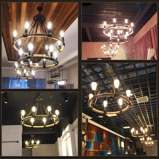 Vintage Retro Hemp Rope Industrial Pendant Light For Living Room Home Design Kitchen Fixtures