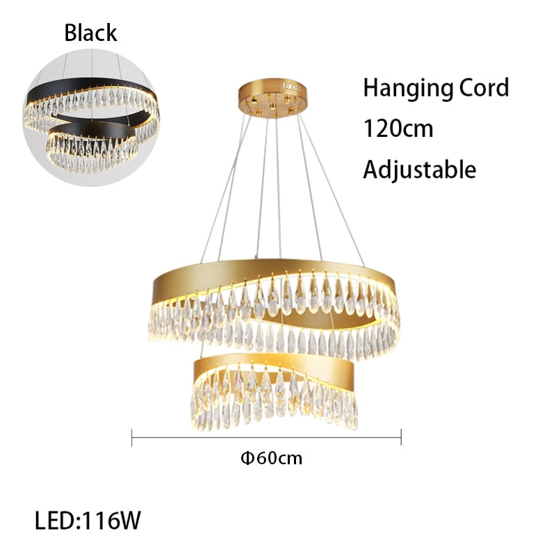 Artistic Curve Modern Suspension Chandeliers Black Luxury Crystal Hanging Lamps For Ceiling