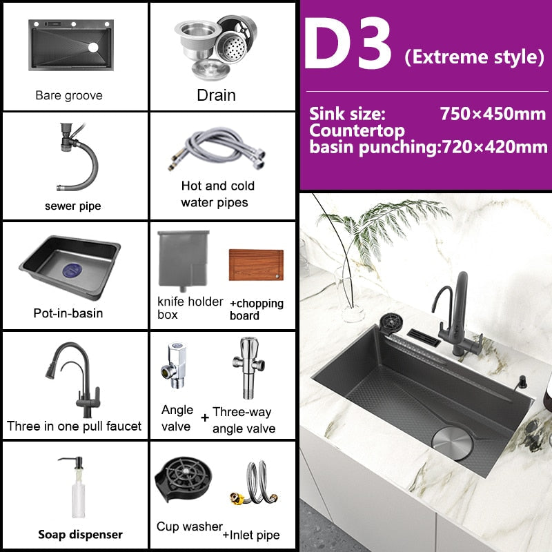 Stainless Steel Embossed Kitchen Sink Large Single Slot Washbasin Multifunctional Washing Basin