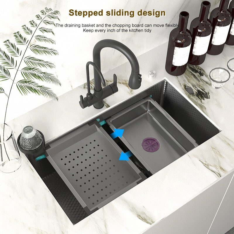 Stainless Steel Embossed Kitchen Sink Large Single Slot Washbasin Multifunctional Washing Basin