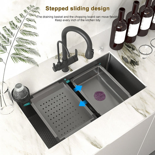 Stainless Steel Embossed Kitchen Sink Large Single Slot Washbasin Multifunctional Washing Basin
