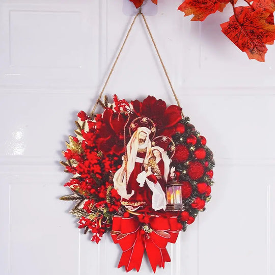 Christmas Nativity Holy Family Wreath With Artificial Berries Greenery Bow Jesus Christ Hanging