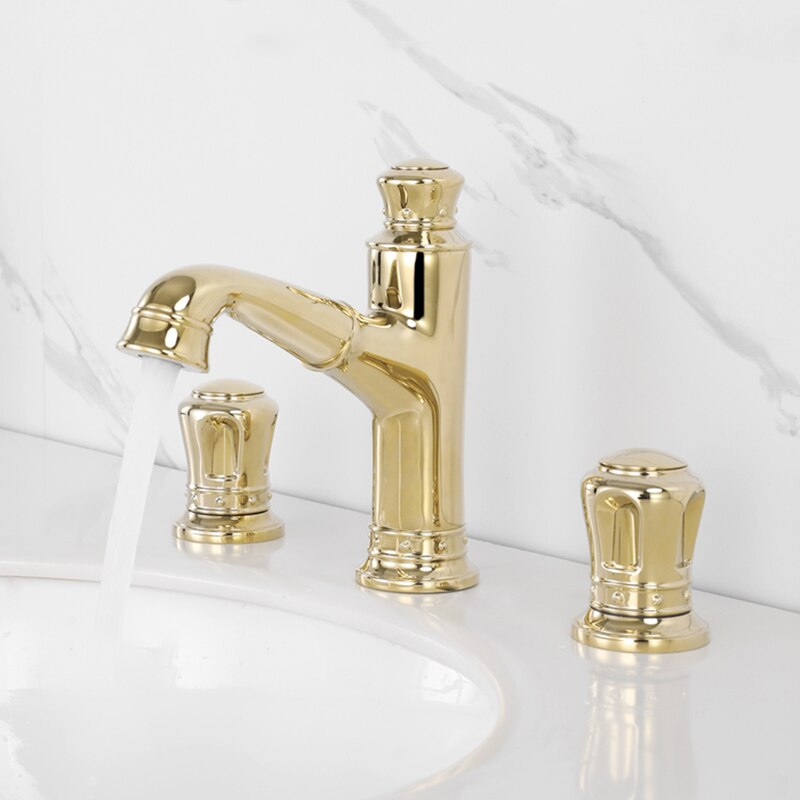Pull Out Bathroom Sink Faucets Basin Faucet Mixer Gold Brass 3 Holes Double Handle Bathbasin