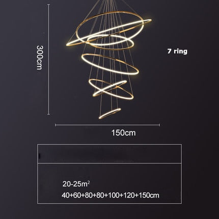 Art Deco Led Stainless Steel Golden Silver Ring Hanging Lamps Lustre Pendant Light 7 Ring / Gold