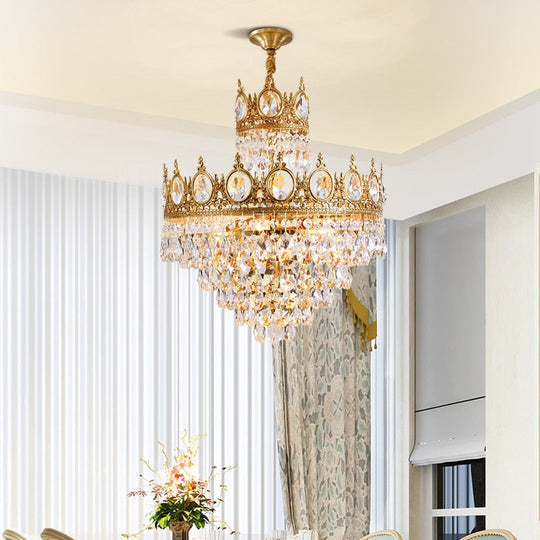 Baroque Royal Crown Crystal Pendant Lamp - Elegant Gold Hanging Light For Living And Dining Rooms