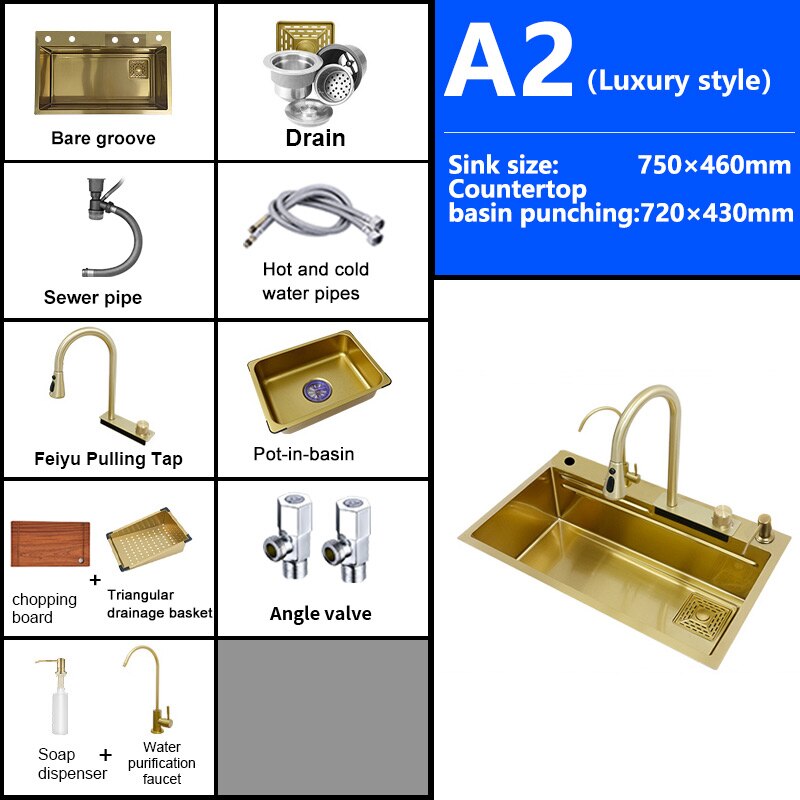 Waterfall Kitchen Sink Gold Nano 304 Stainless Steel Large Single Bowl Modern Multifuctional