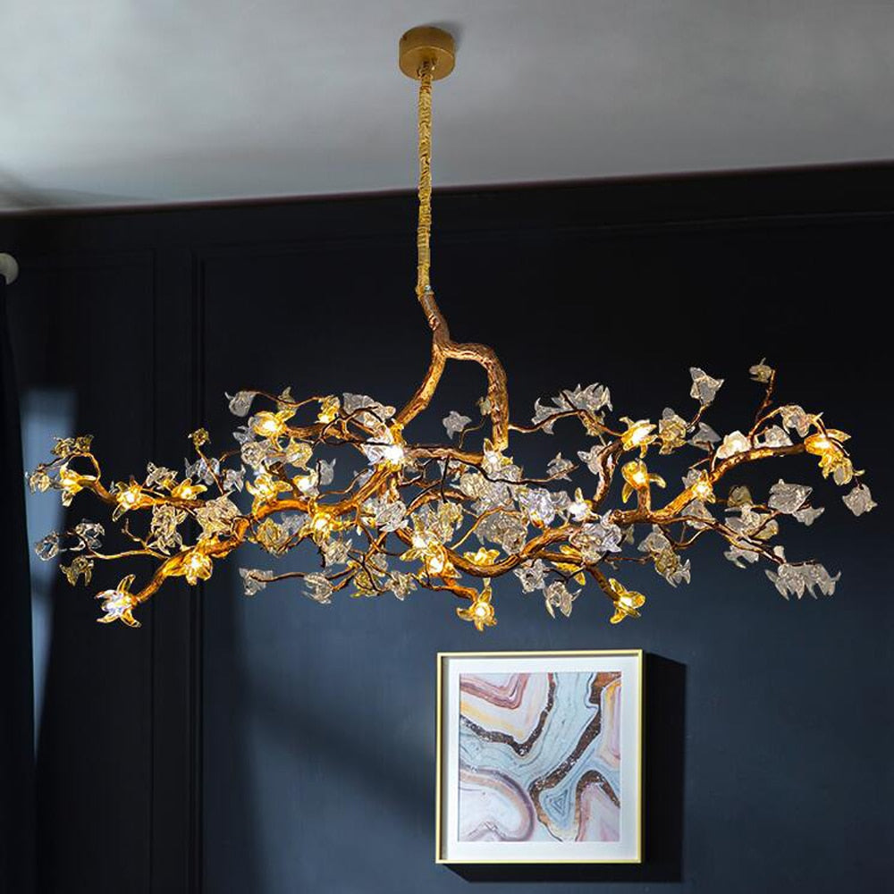 Gold Flower Chandelier - Luxury Copper Lamp With Art Glass Modern Led Lighting For Dining Living