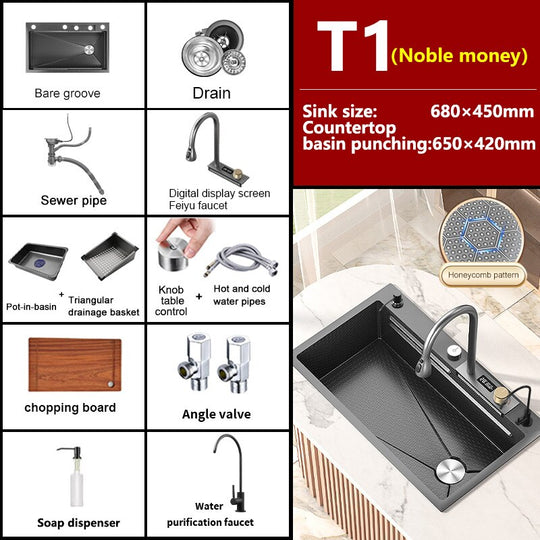 Kitchen Sink Large Single Slot Stainless Steel Waterfall Household Embossed Washing Basin Utensils