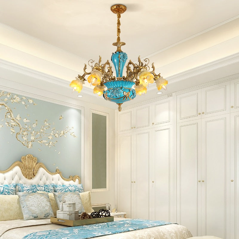 French Ceramic Chandelier European - Style Villa Restaurant Full Copper Lamp Retro Living Room