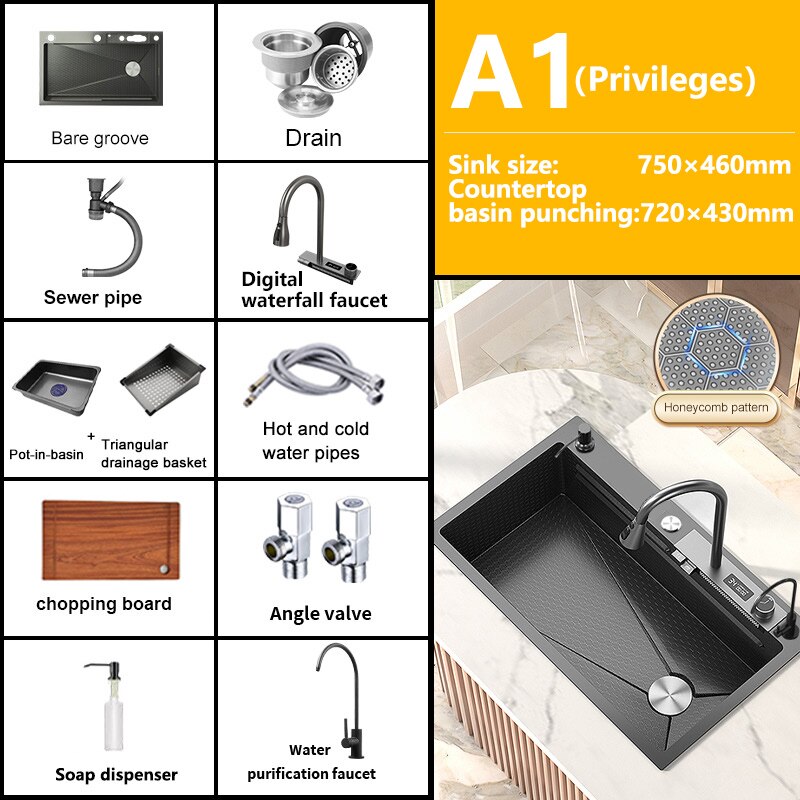 Digital Display Waterfall Sink Embossed Stainless Steel Kitchen Large Single Bowl Black Washbasin