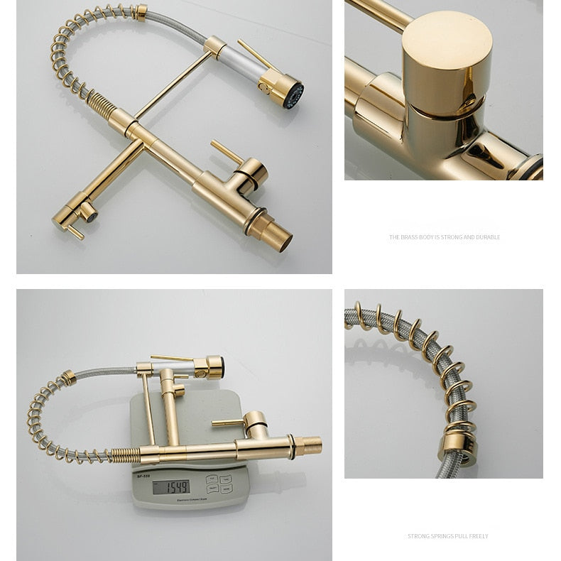 Pull Down Spring Kitchen Faucets Rose Gold Hot Cold Sink Mixer Tap Deck Mounted Brass Black Faucet