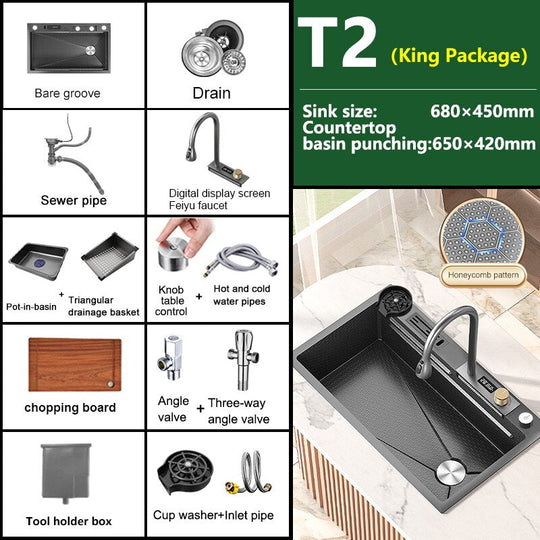 Kitchen Sink Large Single Slot Stainless Steel Waterfall Household Embossed Washing Basin Utensils