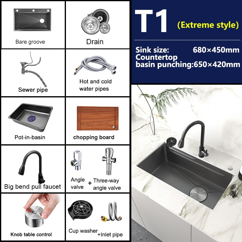 Stainless Steel Embossed Kitchen Sink Large Single Slot Washbasin Multifunctional Washing Basin