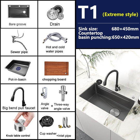 Stainless Steel Embossed Kitchen Sink Large Single Slot Washbasin Multifunctional Washing Basin