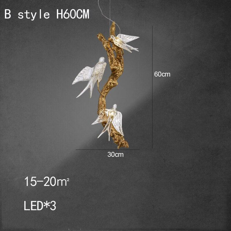 Branches Copper Chandelier Lustre Hanging Lamps For Ceiling Modern Suspension Bird Crystal