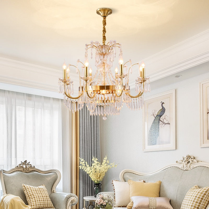 European Classical Design Living Room Decoration Pendant Light Led Crystal Brass Chandeliers