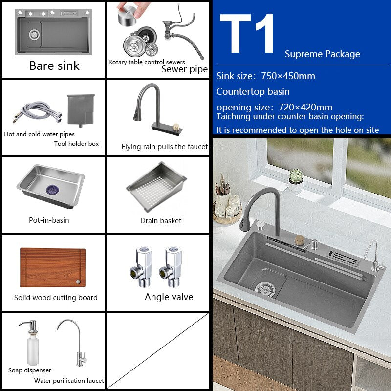 New Grey Nano 304 Stainless Steel Kitchen Sink Waterfall Basin Large Single Slot With Faucet For