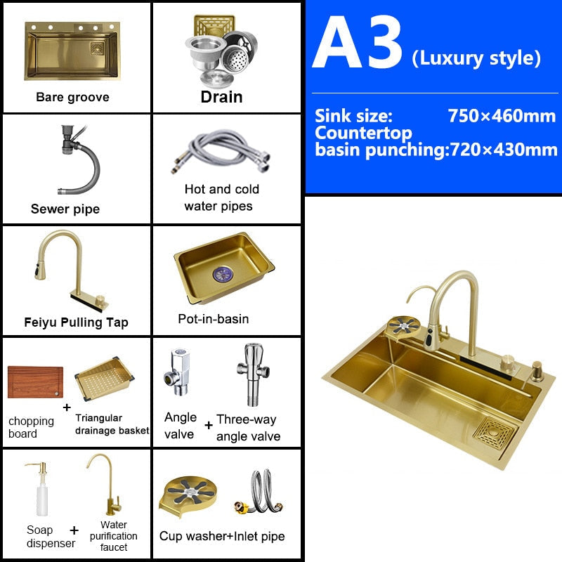 Waterfall Kitchen Sink Gold Nano 304 Stainless Steel Large Single Bowl Modern Multifuctional