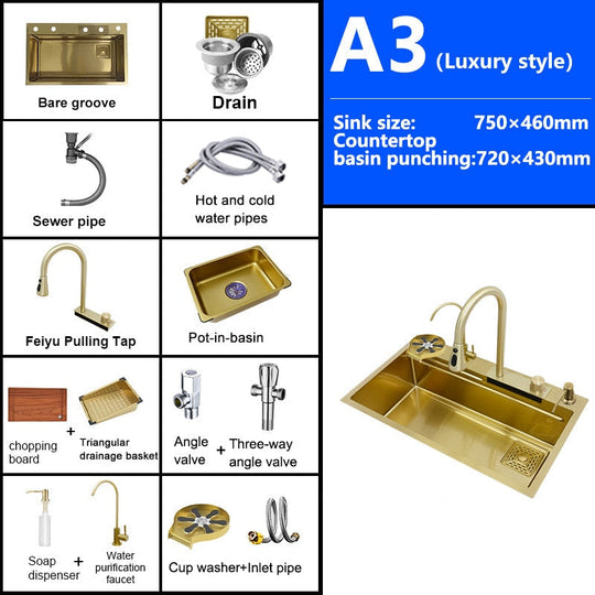 Waterfall Kitchen Sink Gold Nano 304 Stainless Steel Large Single Bowl Modern Multifuctional